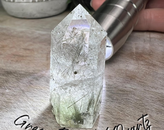 Small Green Rutilated Quartz Tower, Green Rutile Quartz Tower, Rutilated Quartz Tower, Very Fine Green Rutile in Clear Quartz, Rainbows