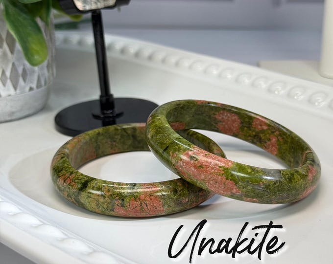 Unakite Crystal Bangle Bracelet, Green Epidote and Pink Feldspar, Patience - Balance - Mindful Progress