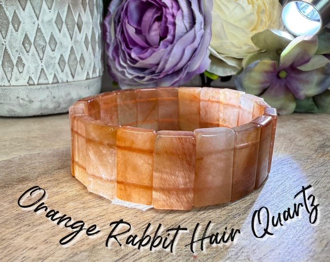 Orange Rabbit Hair Quartz Bracelet, Quartz with Orange "Rabbit Hair" Inclusions, Crown & Third Eye Chakras