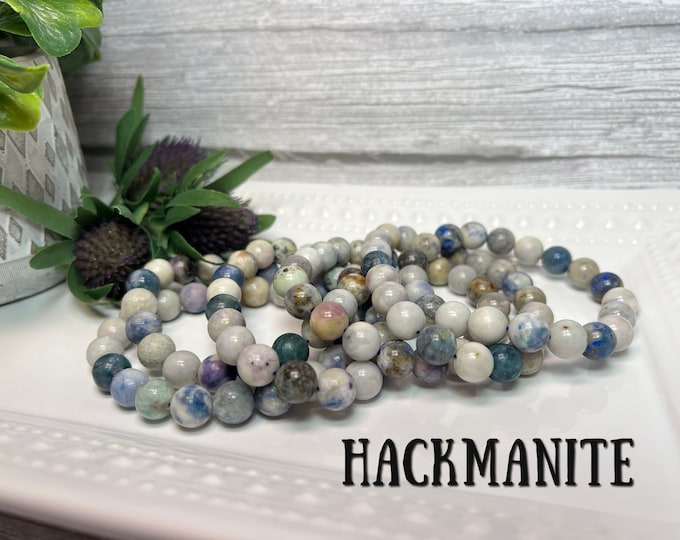 Hackmanite Bracelet, UV Reactive Crystal, 10mm Round Bead, Stretchy Bracelet