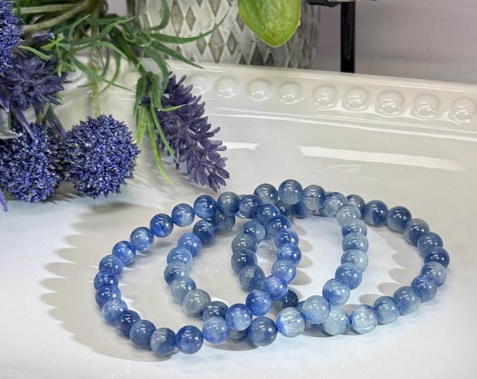 Kyanite Bracelet, Gemmy Blue Kyanite with Cat Eye Flash, 7-8mm or 8-9mm Round Beads