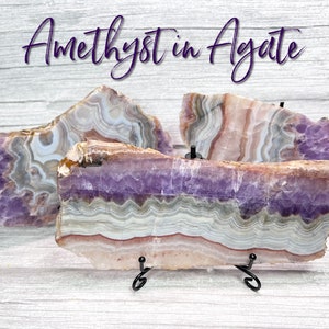 Amethyst in Agate Slab, Amethyst Agate Slab, Amethyst in Agate on Stand, Metal Stand Included