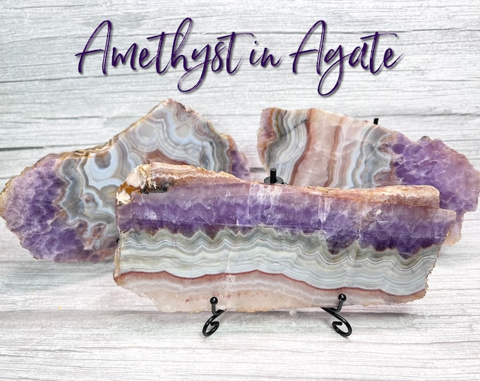 Amethyst in Agate Slab, Amethyst Agate Slab, Amethyst in Agate on Stand, Metal Stand Included