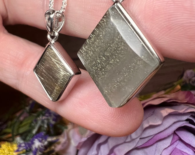 Silver Needle Rutilated Quartz Pendant, Silver Rutile, Rutilated Quartz Crystal, 925 Sterling Silver 22" Chain