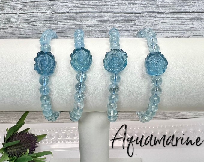 Aquamarine Peony Flower Bracelet, Aquamarine Flower Bracelet, 6-7mm Round Beads, Blue Crystal Bracelet, Protective & Calming