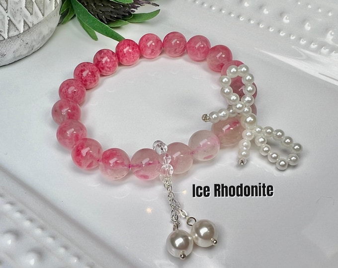 Ice Rhodonite Bracelet with Pearl Charms, Gradient Pink Rose Rhodonite, Cherry Rain Rhodonite, 11mm Round Bead Crystal Bracelet