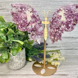Large Purple Emerald Quartz Butterfly Wings, Gemmy Purple Lepidolite with Flashy Mica, Lepidolite with Mica Crystal in Quartz, Metal Stand