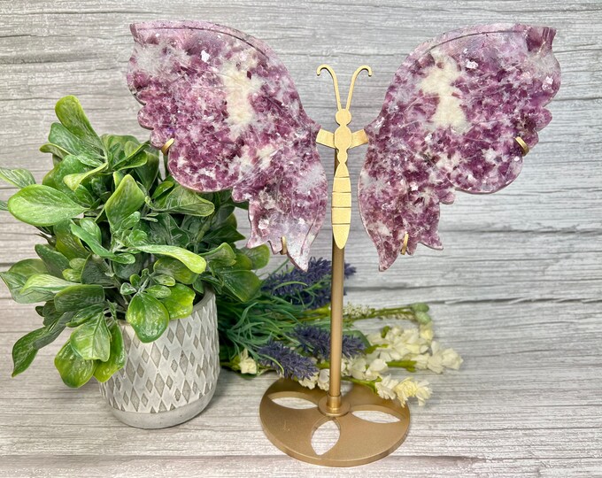 Large Purple Emerald Quartz Butterfly Wings, Gemmy Purple Lepidolite with Flashy Mica, Lepidolite with Mica Crystal in Quartz, Metal Stand
