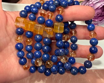 Lapis Lazuli with Citrine and Golden Healer Bracelet, 8-9mm Round Beads, 10-11mm Cube Bead, Blue Crystal Bracelet, Pyrite Inclusions