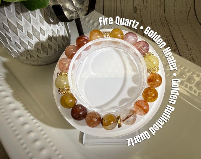 Fire Quartz and Golden Healer Bracelet, Golden Rutilated Quartz Accent Beads, DIY Crystal Bracelet, Golden Copper Accent Beads (LLB27)