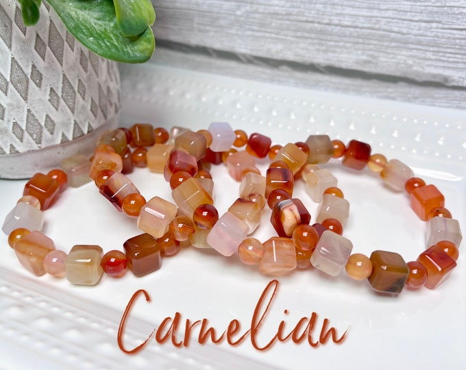 Carnelian Bracelet, Carnelian Agate Cube Bracelet, Carnelian Stretchy Bracelet