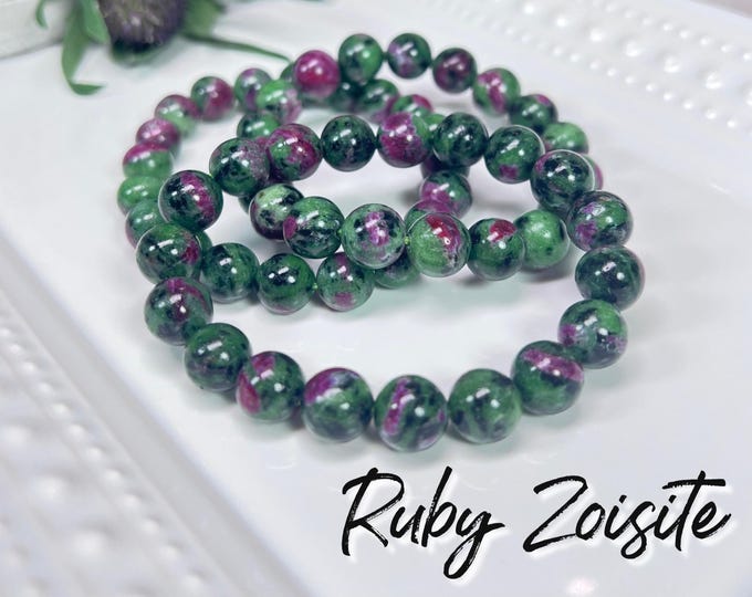 Ruby in Zoisite Bracelet, Ruby Zoisite Crystal Bracelet, Anyolite, 10mm Round Bead Bracelet, UV Reactive Crystal Bracelet
