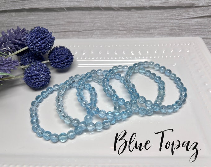 Blue Topaz Bracelet, Topaz Crystal Bracelet, 7-8mm Round Bead Bracelet, Stretchy Bracelet, The Stone of Healing and Good Luck (2)