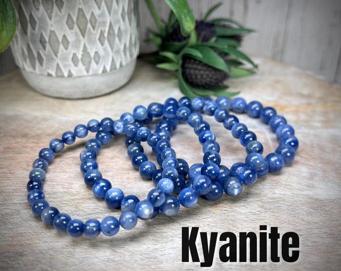 Kyanite Bracelet, Blue Kyanite with Cat Eye Flash, Round Bead, Flashy Crystal Gemstone Bracelet, 6-7mm or 7-8mm or 9-10mm Round Beads