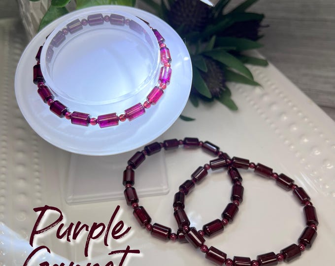 Purple Garnet Bracelet with Small Barrel Shape Beads, Garnet Crystal Bracelet, 8mm x 5mm Barrel Beads, 3mm Round Spacer Beads