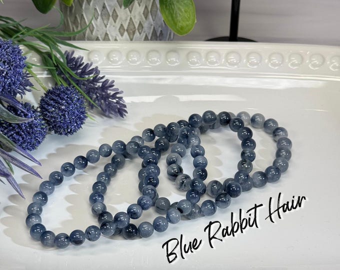 Blue Rabbit Hair Quartz Bracelet, 8mm Round Beads, Clear Quartz with Rabbit Hair Crystal Bracelet, Supports Inner Peace and Tranquility (#2)