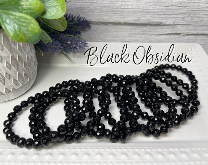 Black Obsidian Bracelet, Black Obsidian Crystal Bracelet, 8mm Facet Bead Bracelet