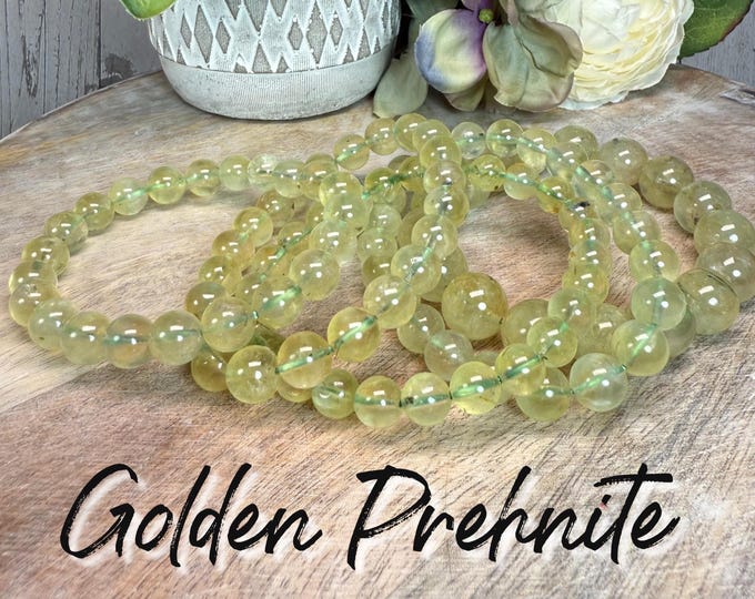 Golden Prehnite Bracelet, Golden Prehnite Crystal Bracelet, 12mm Round Beads, Stone of Prophecy