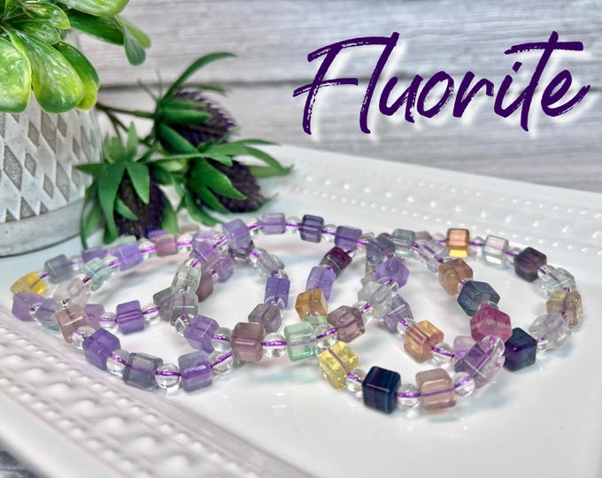 Fluorite Cubes Bracelet, Fluorite Cubes with Clear Quartz Round Beads Bracelet