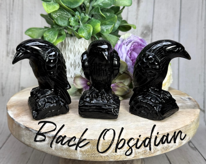 Black Obsidian Raven, Polished Black Obsidian Raven, Black Crow Carving, Black Raven Carving (set3)