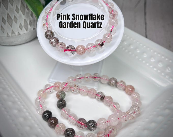 Pink Snowflake Garden Quartz Bracelet, Pink Snowflake Quartz, Rutilated Garden Quartz, 8-9mm Round Beads