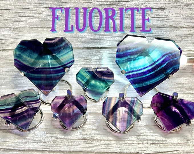 Rainbow Fluorite Heart Carving on Metal Stand, Fluorite Heart, Rainbow Fluorite Carving, Metal Stand