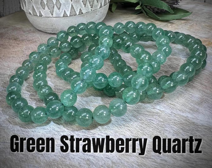 Green Strawberry Quartz Bracelet, Strawberry Quartz, 7-8mm Round Beads