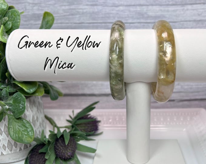 Unique Green Mica / "Green Emerald Quartz" 60mm Bangle, Golden Mica / "Golden Emerald Quartz" 61mm Bangle, Flashy & Sparkly Crystal Bangle