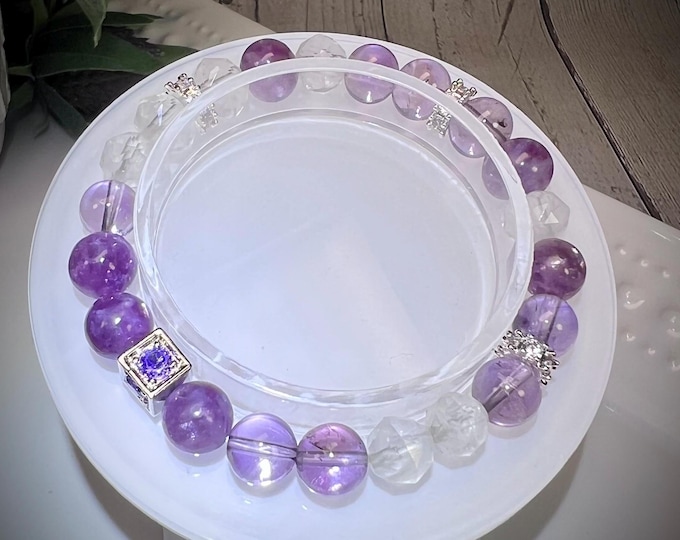 Amethyst and Faceted Clear Quartz with Purple Mica DIY Bracelet, White Copper Accent Beads (LLB6)