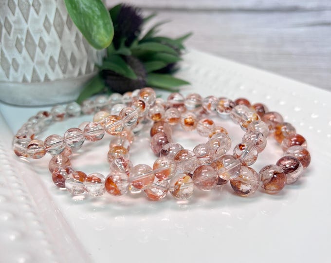 Rainbow Fire Quartz and Golden Healer Bracelet, Fire Quartz Bracelet, Rainbow Inclusions, Hematoid Quartz, 8-11mm Round Beads