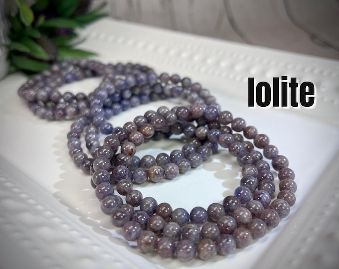 Iolite Wrap Bracelet or 21" Necklace, Iolite Crystal Jewelry, Elastic String, 6mm Round Beads