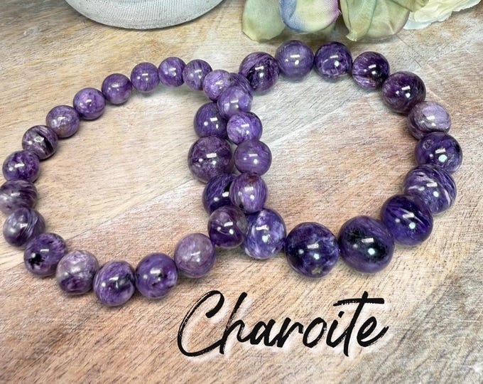 Charoite Bracelet, Purple Charoite, 9mm or 12mm Chatoyant Round Beads, Natural Genuine Charoite Quartz Crystal Bracelet
