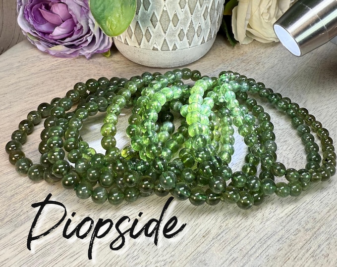 Cat Eye Flash Diopside Bracelet, Old Mine Diopside, 5-6mm or 6-7mm or 7-8mm Round Beads