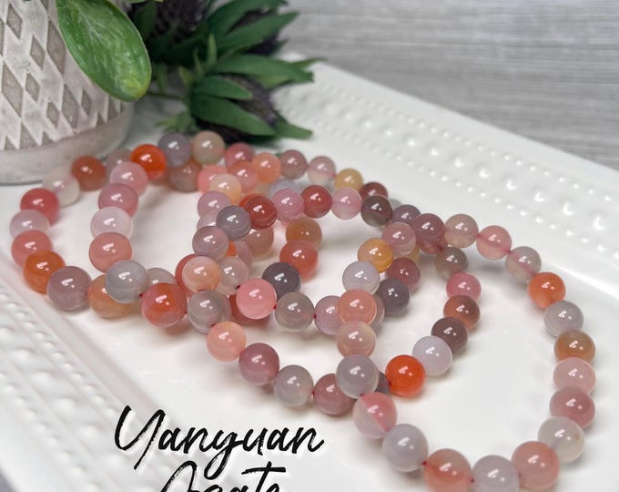 Pink & Purple Yanyuan Agate Bracelet, Yanyuan Agate Bracelet, 9-10mm or 11-12mm Beads Round Beads, Stretchy Bracelet