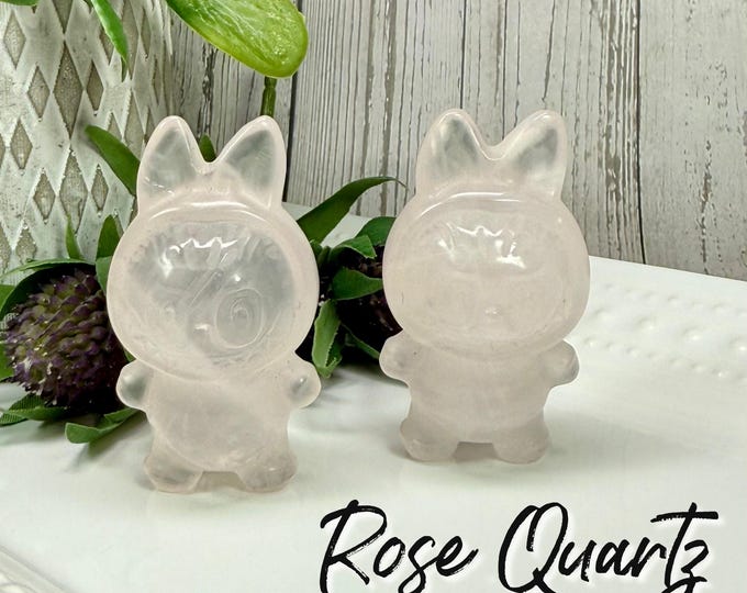 Rose Quartz Labubu Carving, Crystal Labubu Carving, Rose Quartz Crystal