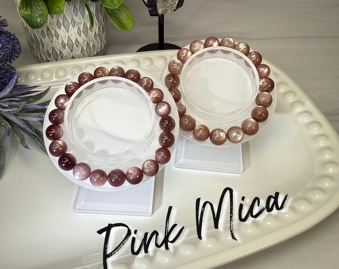 Flashy Dusty Pink Mica Bracelet, Pink Lepidolite Bracelet, 9.5mm or 10.5mm Round Beads, Elastic and Stretchy (LLPM1)