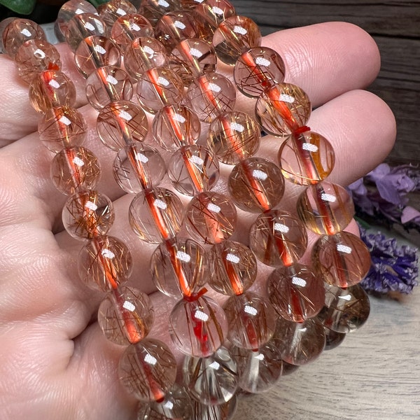 Copper Rutilated Quartz, Copper Rutile Quartz Bracelet, 8mm, 8.5mm, Round Beads, Stretchy