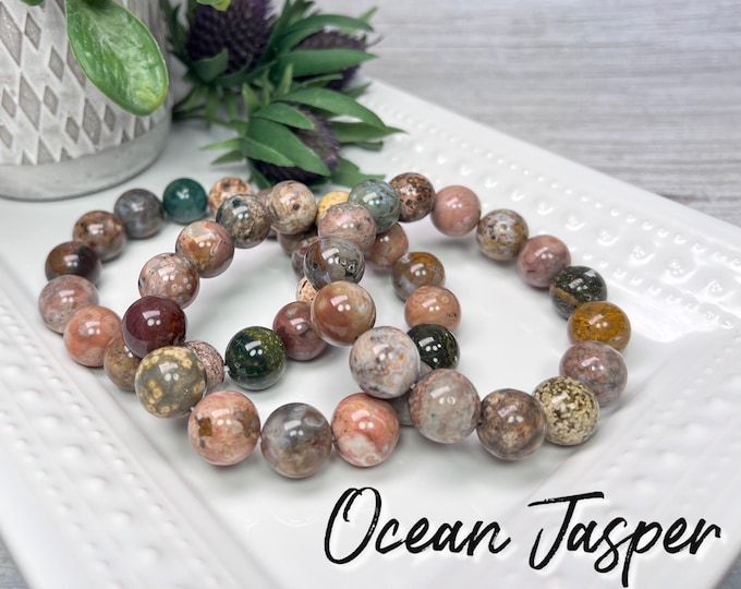 Colorful Ocean Jasper Bracelet, Large Round Beads 14mm, Ocean Jasper Crystal Statement Piece