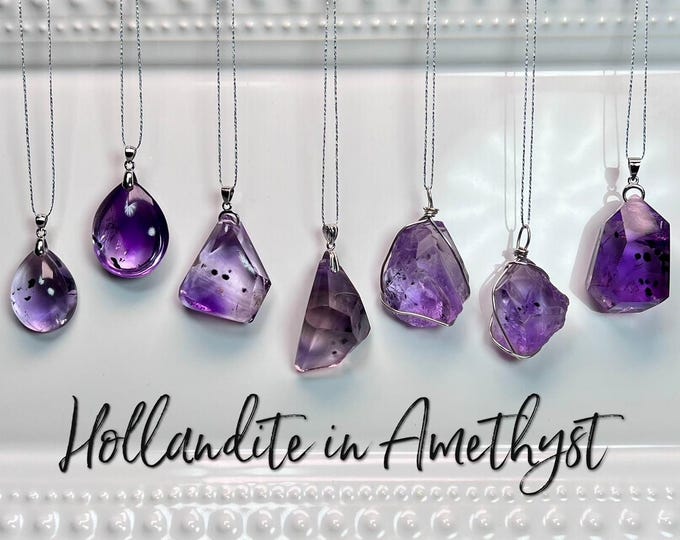 Hollandite in Amethyst Pendant, Amethyst with Hollandite, Sea Urchin Quartz, Star Hollandite, 925 Sterling Silver Clasp