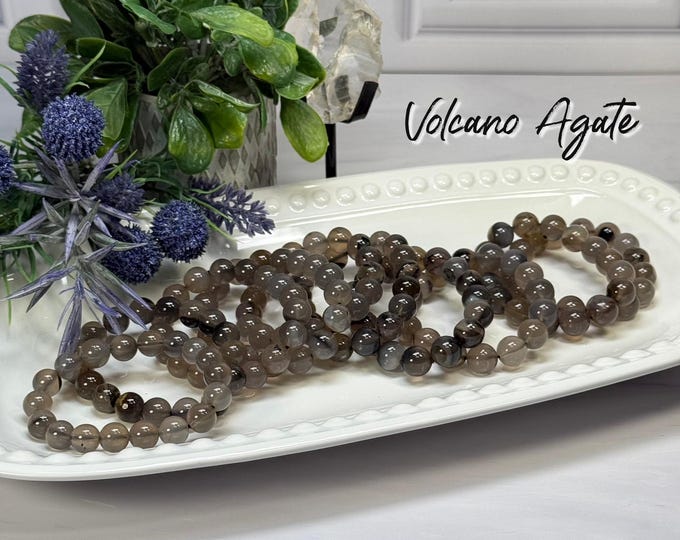Volcano Agate Bracelet, Volcanic Agate Bracelet, UV Reactive Crystal, 11-12mm or 12-13mm Round Beads, Root Chakra Stone