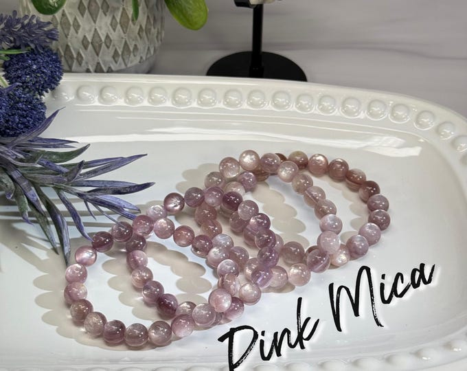 Flashy Pink Mica Bracelet, Pink Lepidolite Bracelet, 9-10mm Round Beads, Elastic and Stretchy (LLPM2)