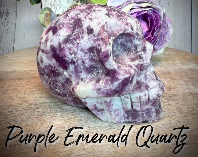 Purple Emerald Quartz Skull Carving, Lepidolite with Mica in Quartz Skull, Hand Carved Skull Carving