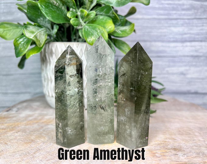 Prasiolite Tower, Green Amethyst Tower, Green Quartz Tower, Rainbow Inclusions