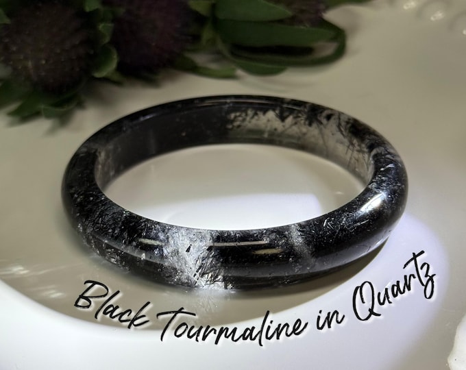 Black Tourmaline in Quartz Bangle, Black Tourmaline Crystal Bangle Bracelet, Black Tourmaline Bangle with Rainbows (#4)