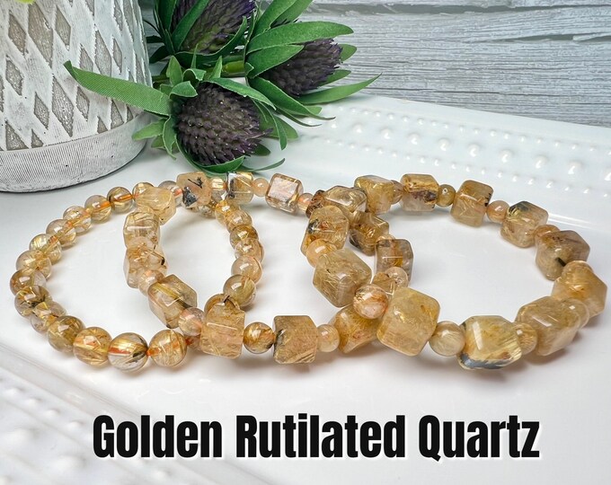 Titanium Golden Rutile Bracelet, Gold Rutilated Crystal Bracelet, Round and Cube Beads