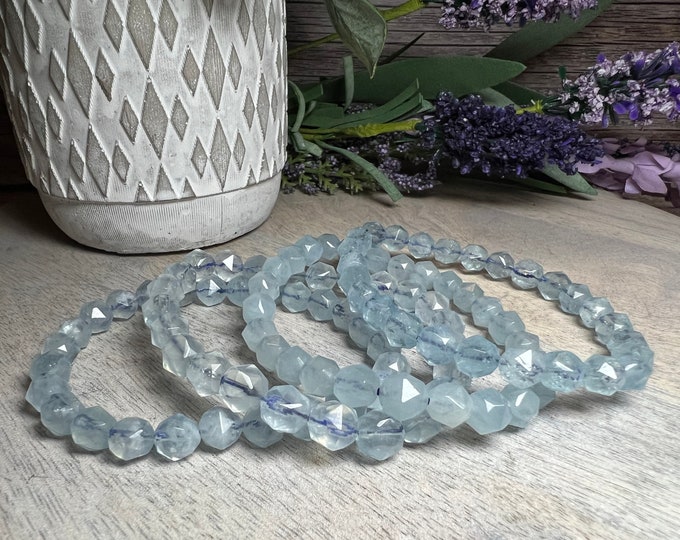 Aquamarine Bracelet, 6-7mm Facet Bead Bracelet