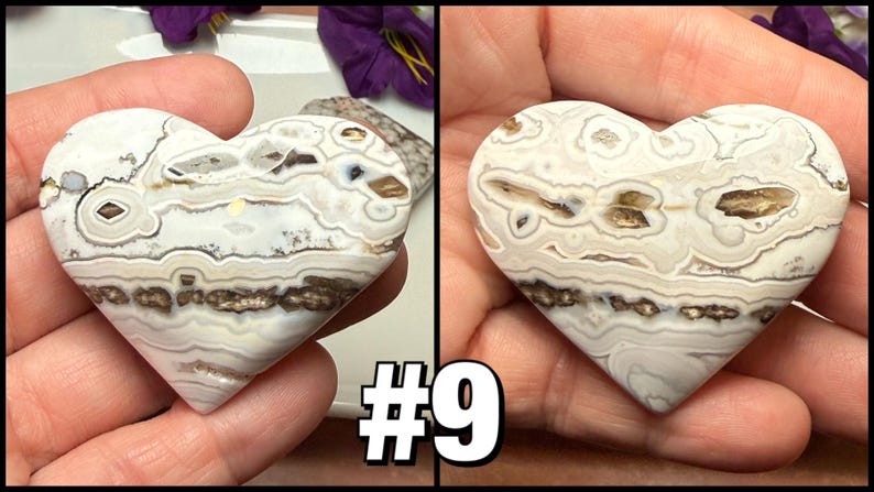 May include: Two heart-shaped stones with a white, brown, and gray patterned design. The stones are held in a person's hand. The image includes the text "#9" in white with a black outline.