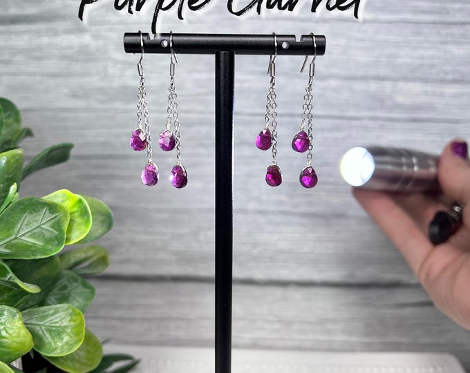 Double Purple Garnet Dangle Earrings, Facet Cut Purple Garnet Dangle Earrings, 925 Silver Earring Setting