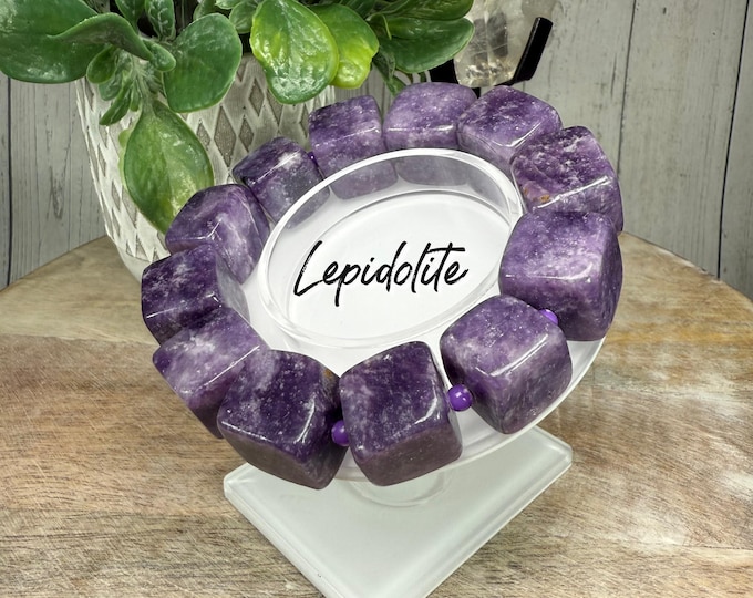 Purple Lepidolite Cube Bracelet, 15mm Lepidolite Cube Beads, Lepidolite Bracelet, Crystal Cube Bracelet