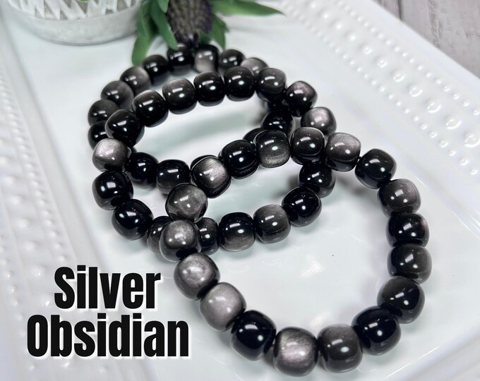 Silver Obsidian Bracelet, Silver Sheen Obsidian, Flashy Crystal Bracelet, 12mm Barrel Beads